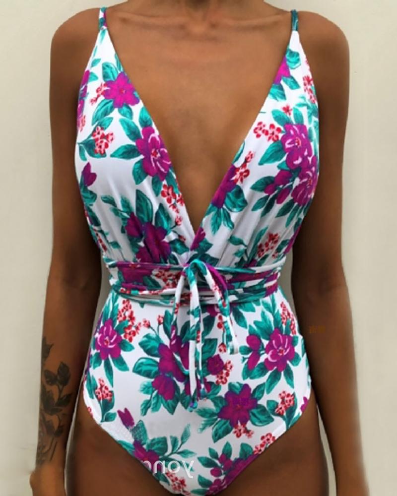 

Print Spaghetti Strap One Piece Swimsuit, Purple