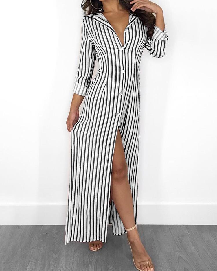 

Stripes Long Sleeve Button Up Slit Maxi Shirt Dress, Black