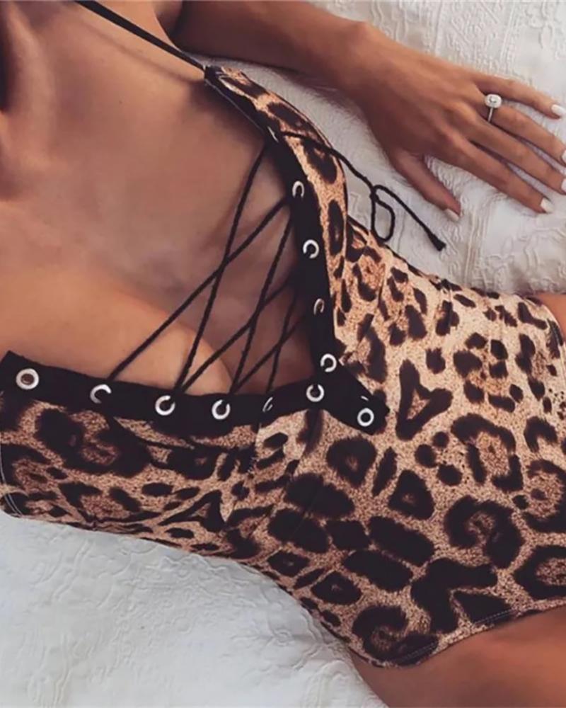 

Eyelet Lace-up Leopard Print Bodysuit