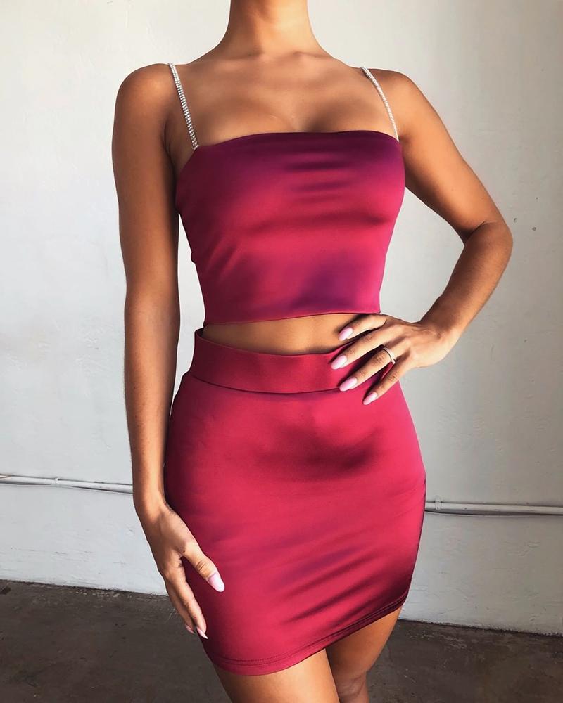 

Solid Spaghetti Strap Crop Top & Slinky Skirt Sets, Dark red