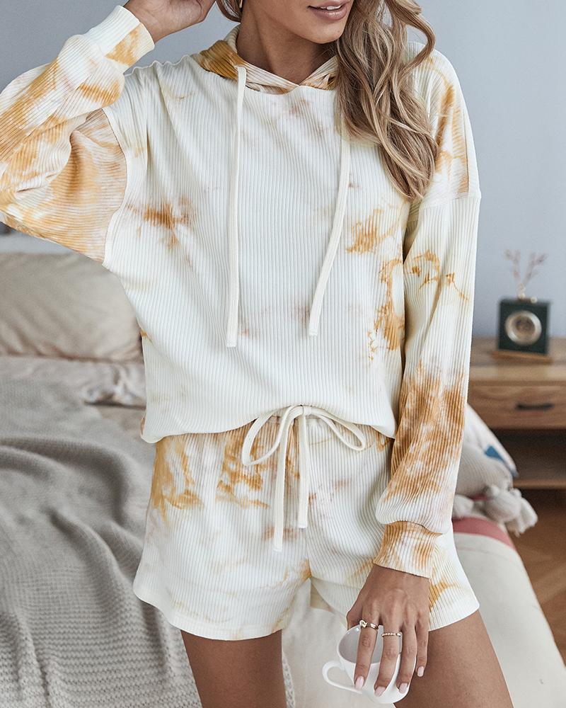 

Tie Dye Print Hooded Top & Drawstring Shorts Set, White