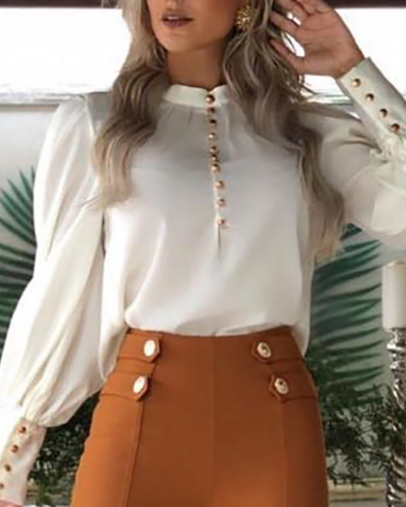 

Lantern Sleeve Buttoned Cuff Blouse, White