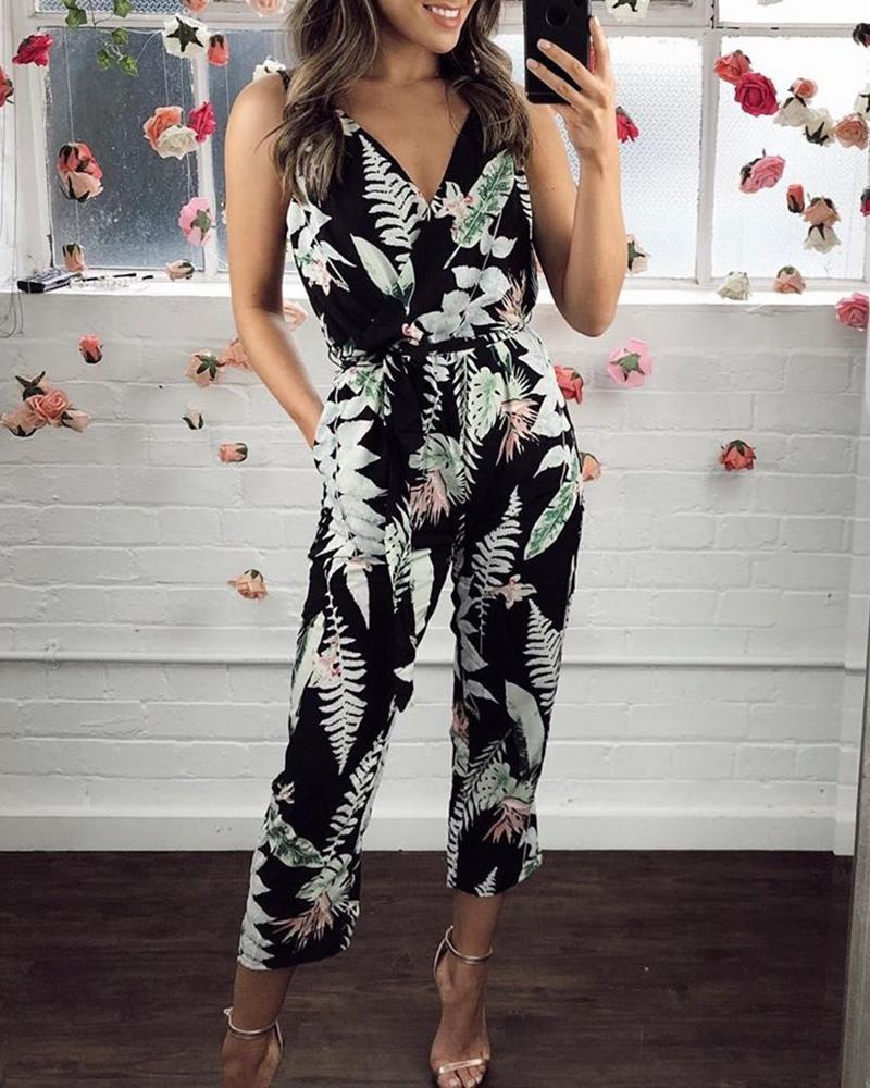 

V-neck Leaf Print Casual Jumpsuit, Black
