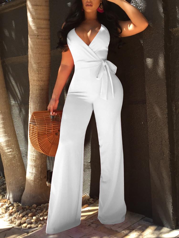 

Oversize Halter Backless Belted Deep V Wrap Jumpsuit, White