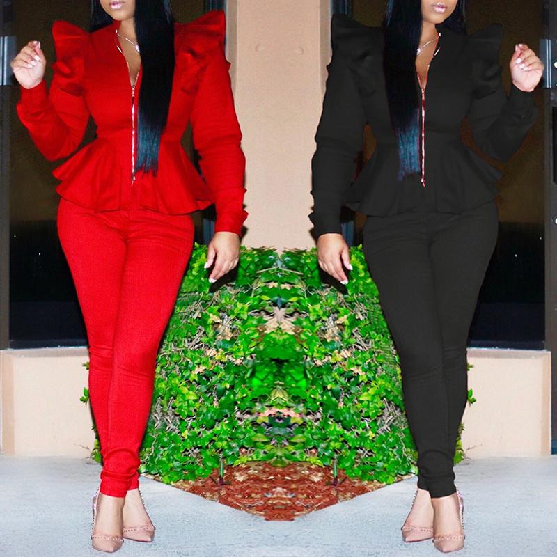 

Ruffled Zipper Up Peplum Suit Sets, Wine red