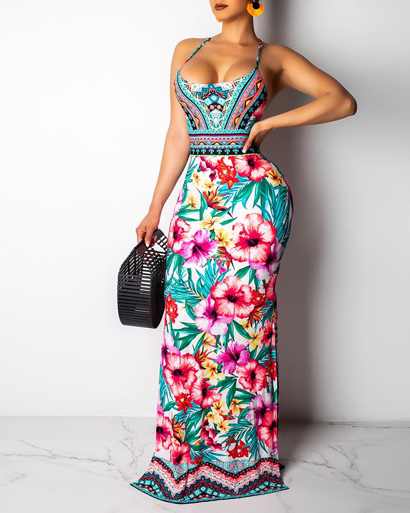 

Tropical Print Multi-Strap Back Maxi Dress, Multicolor
