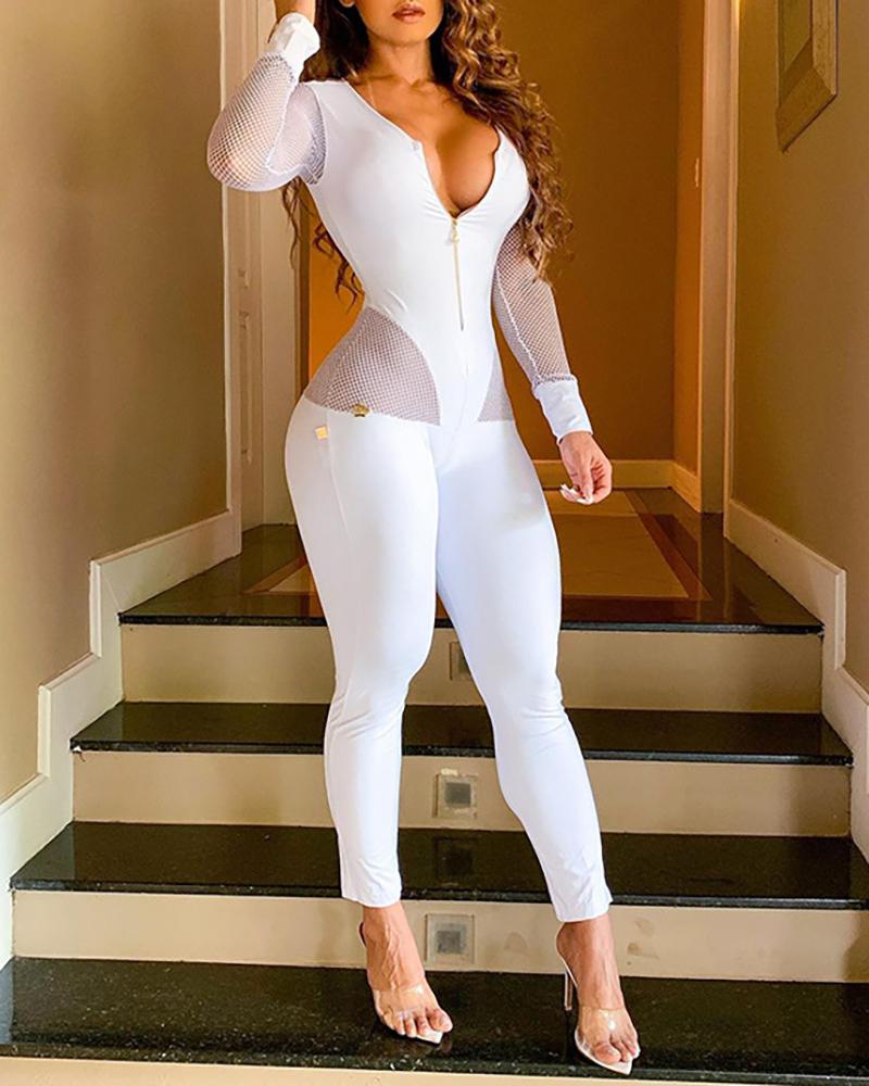 

Zipper Front Fishnet Long Sleeve Jumpsuit, White