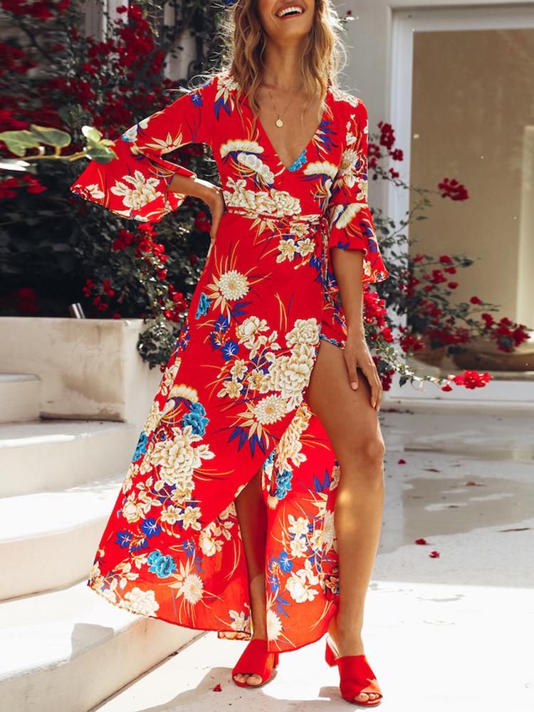 

Floral Print Self Belted High Slit Wrap Maxi Dress, Red