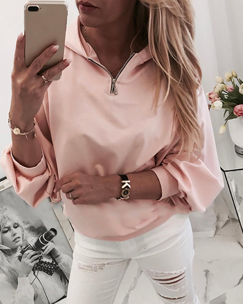

Hooded Zipper Design Casual Blouse, Pink
