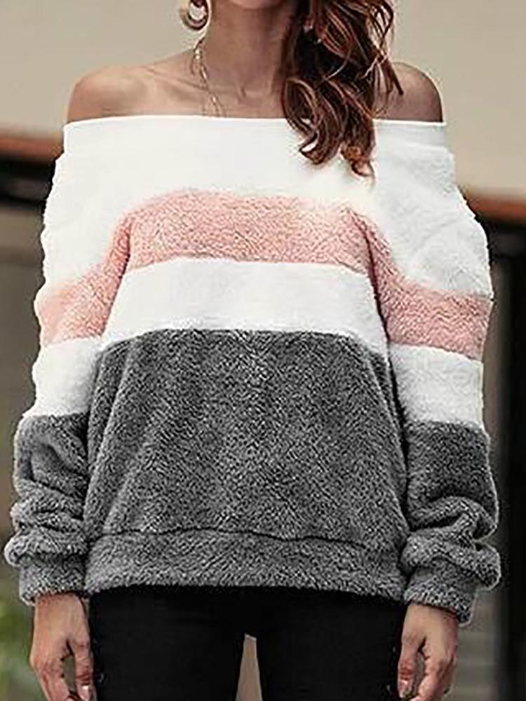 

Fluffy Off Shoulder Colorblock Sweatshirt, Gray