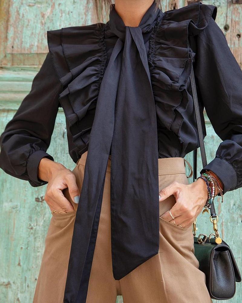 

Solid Ruffles Design Tied Neck Shirt