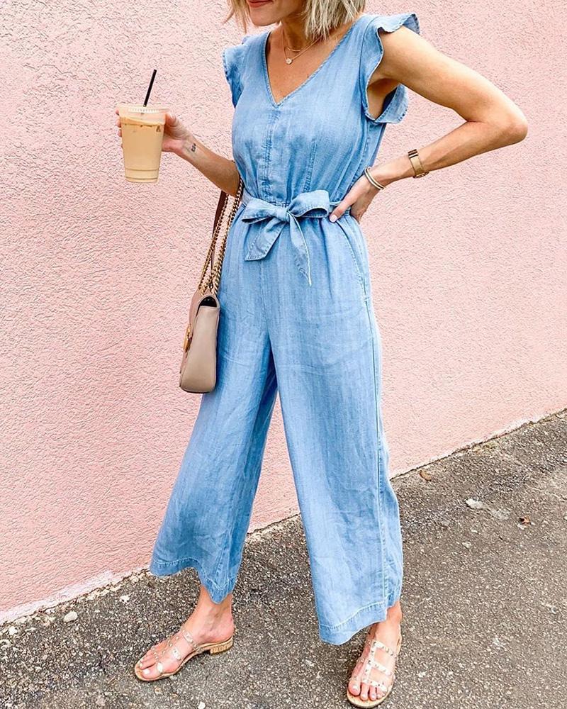 

Denim Ruffles Sleeve Belted Casual Jumpsuit, Blue