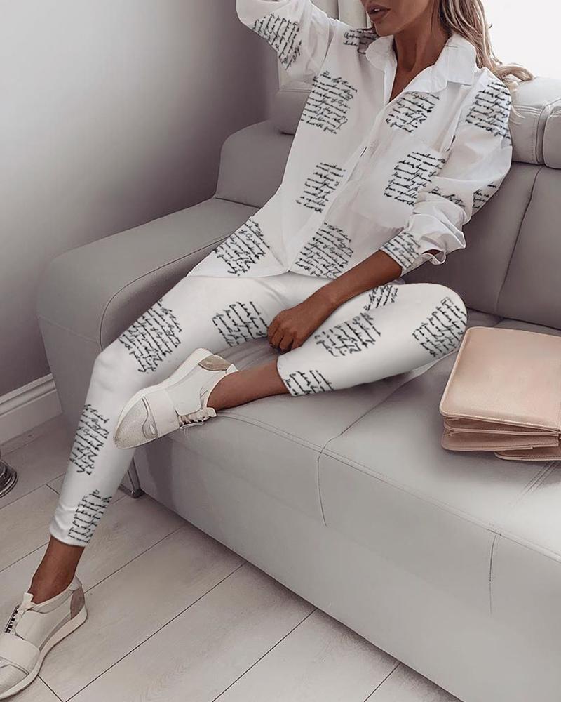 

Turn-down Collar Letter Print Shirt & Pants Sets, White