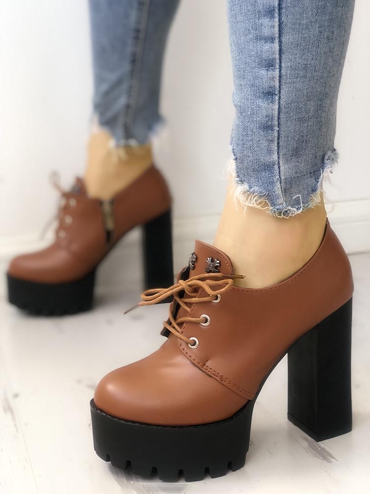 

Metal Decorated Lace-Up Platform Chunky Heels