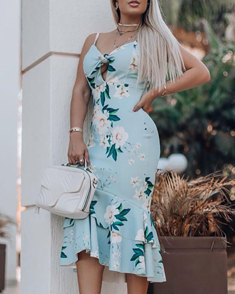 

Sexy Floral Print Sling Long Dress, Sky blue