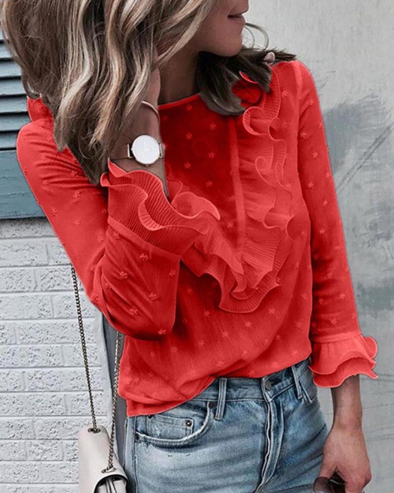 

Swiss Dot Ruffles Long Sleeve Blouse, Red