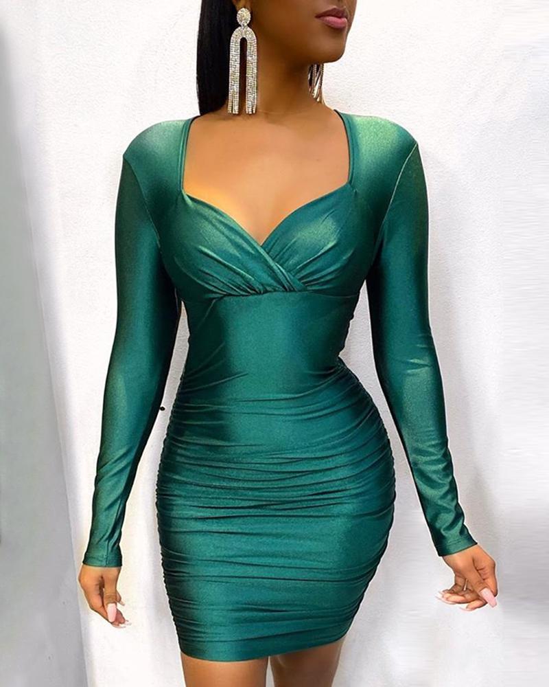 

V-Neck Ruched Design Bodycon Dress, Green
