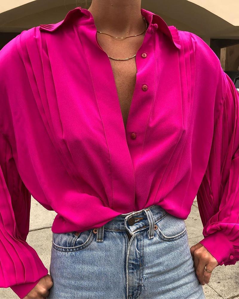 

Lantern Pleated Sleeve Buttoned Blouse, Hot pink