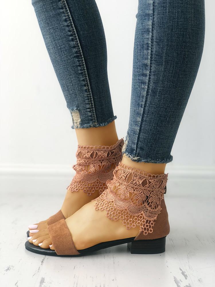 

Lace Zipper Back Single Strap Flat Sandals
