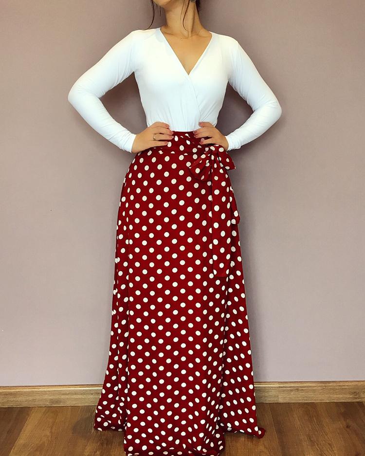 

Polka Dot Splicing Belted Wrap Maxi Dress, Red