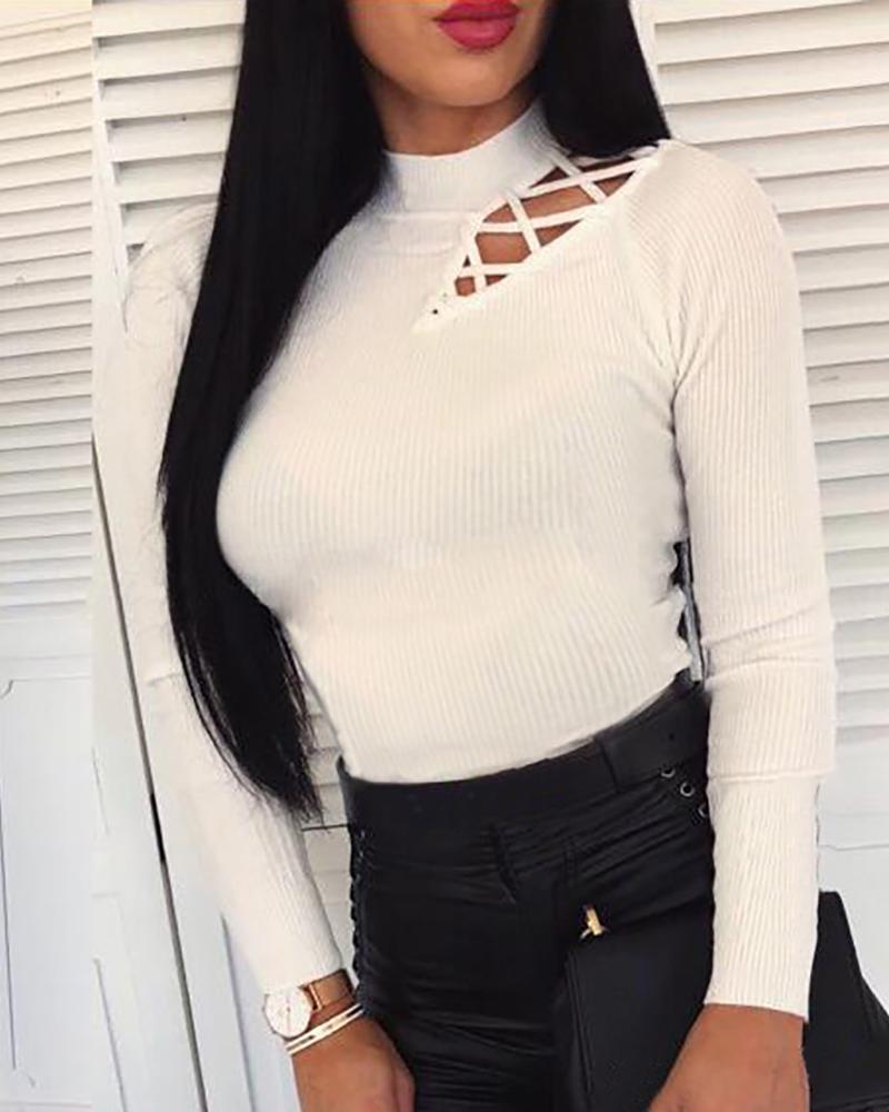 

Solid Hollow Out Lace-Up Blouse, White