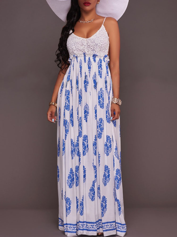 

Stylish Women Spaghetti Strap Low Cut Open Back Maxi Dress, White