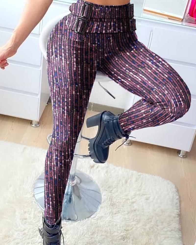 

Sequins Colorblock High Waist Fitted Pants, Purple