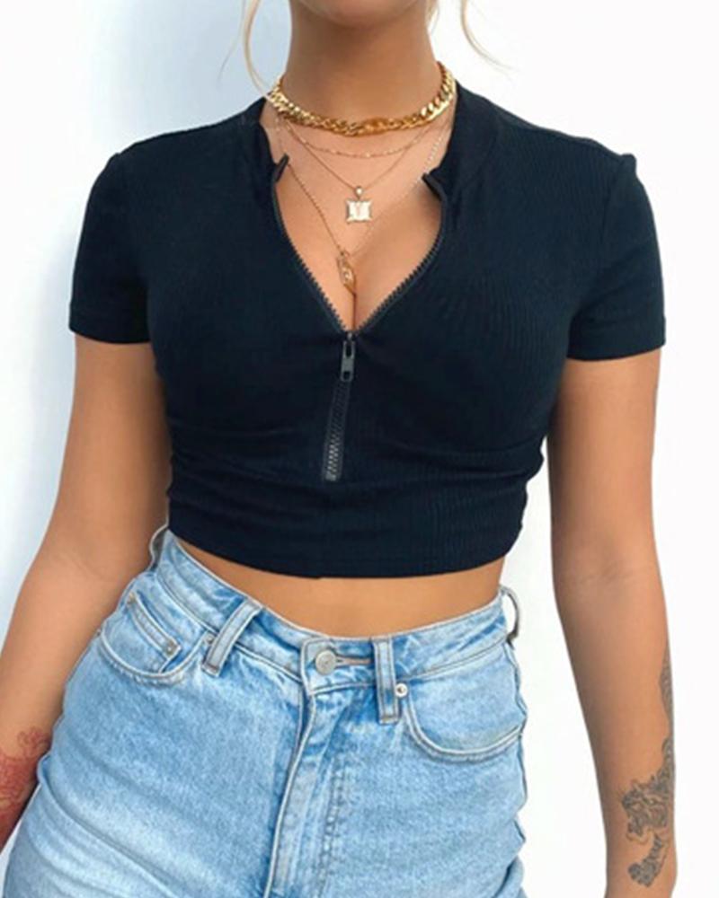 

Solid Color Short Sleeve Blouse, Black