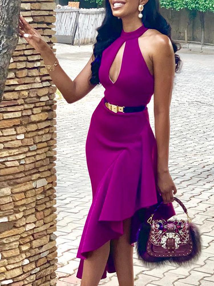 

Cutout Front Flounced Irregular Dress, Purple