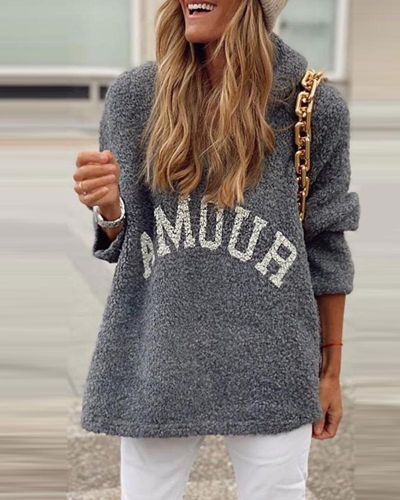 

Letter Print Fleece Long Sleeve Hooded Top, Gray