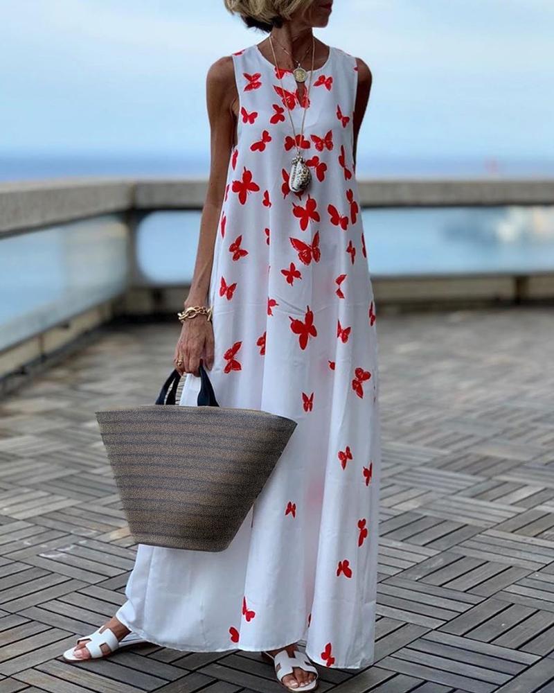 

Butterfly Print Sleeveless Casual Maxi Dress, White