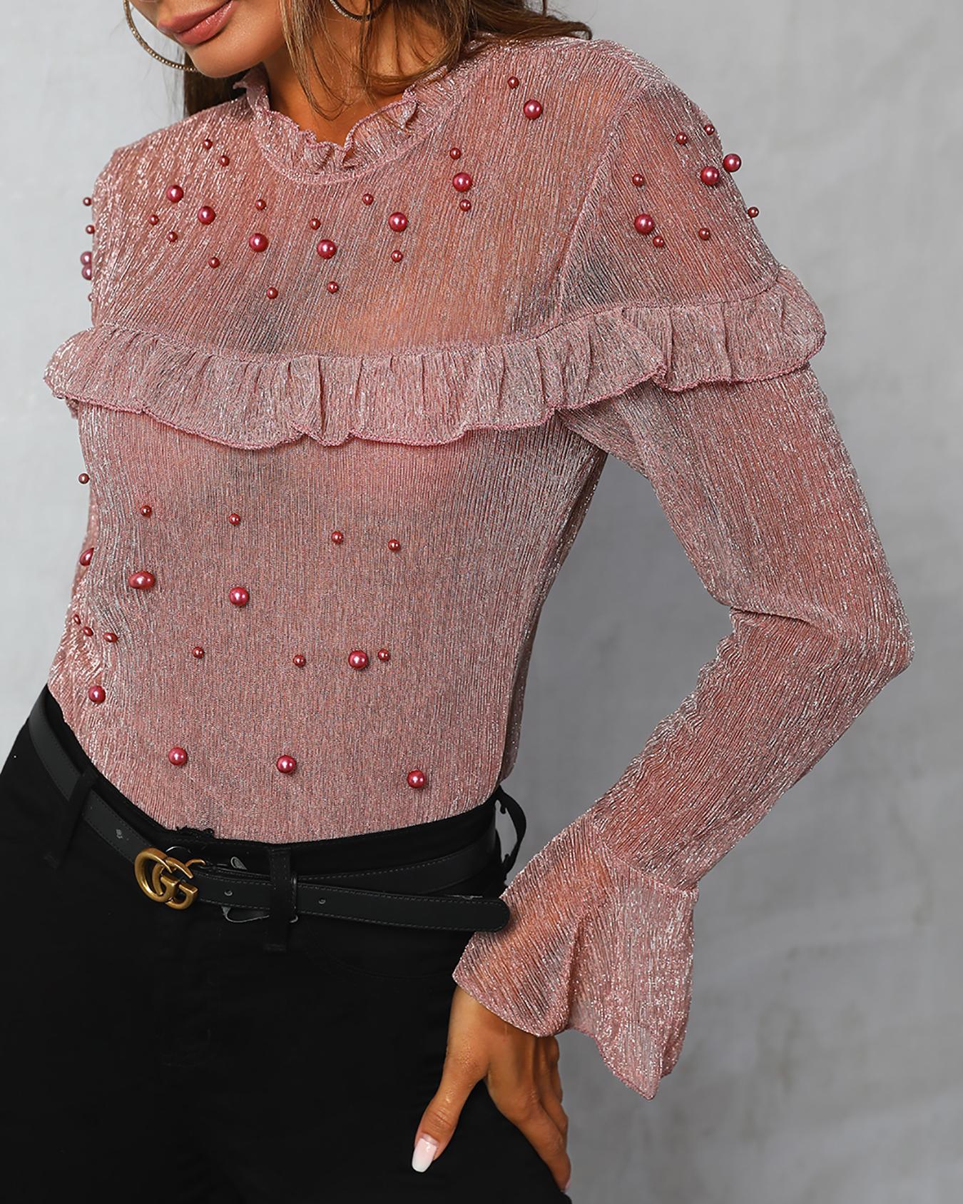 

Ruffle Trim Bell Sleeve Beading Glitter Blouse