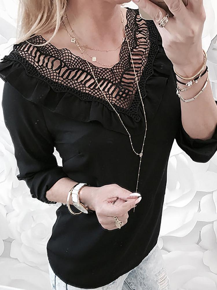 

Hollow Out Lace Neck Frills Detail Blouse, Black