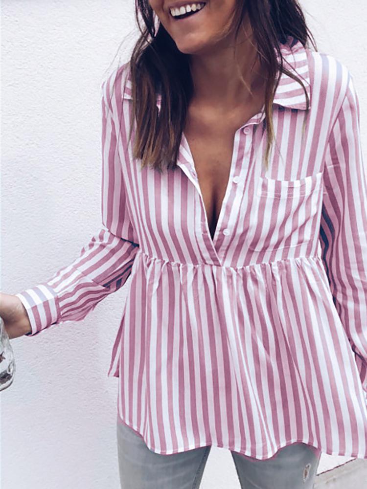 

Casual Striped Buttoned Smock Blouse