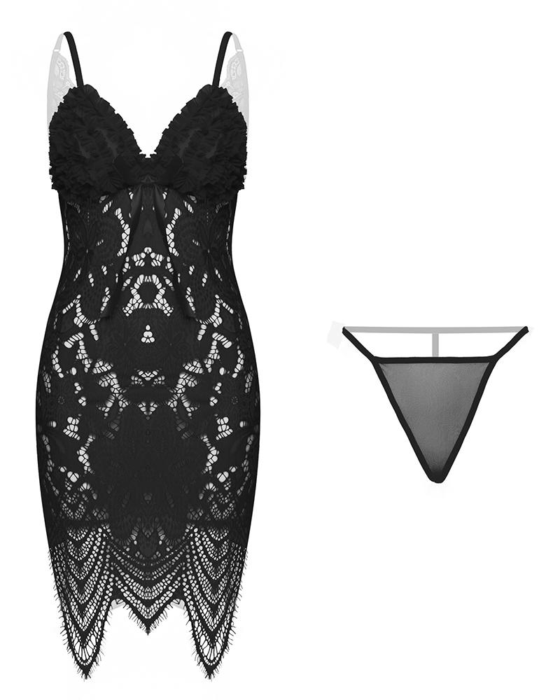 

Spaghetti Strap Sheer Mesh Lace Babydoll With Thong, Black
