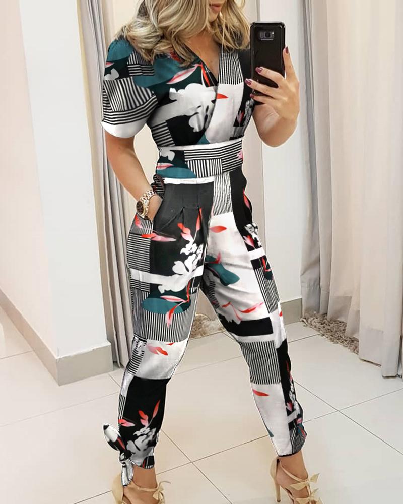 

Short Sleeve V Neck Colorblock Print Jumpsuit, Multicolor