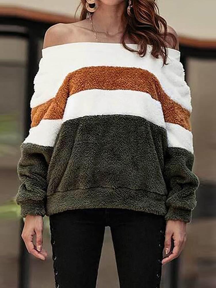 

Fluffy Off Shoulder Colorblock Sweatshirt