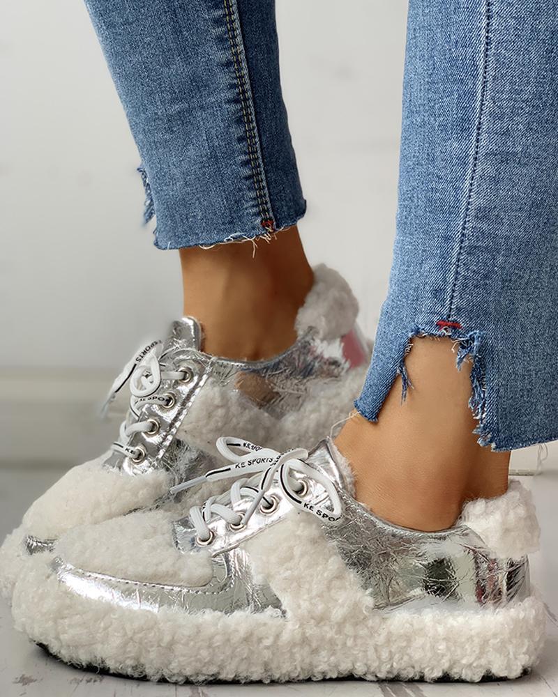 

Lace-Up Fluffy Casual Sneakers, Silver