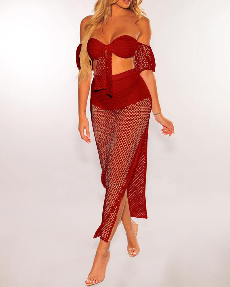 

Sheer Off Shoulder Fishnet Crop Top & Skirt Sets, Wine red