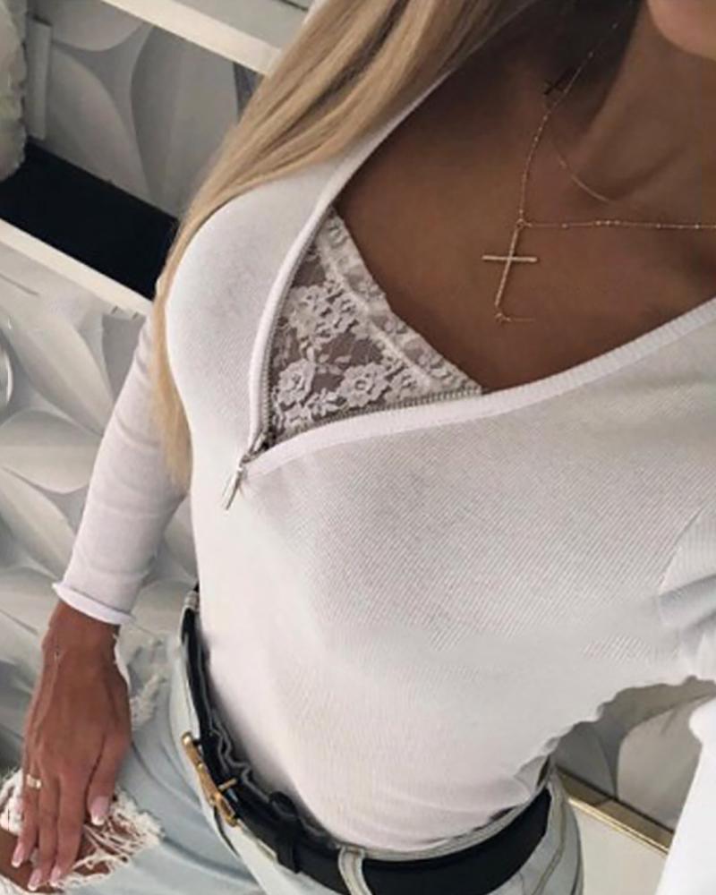 

V-neck Zipper Design Lace Insert Blouse, White
