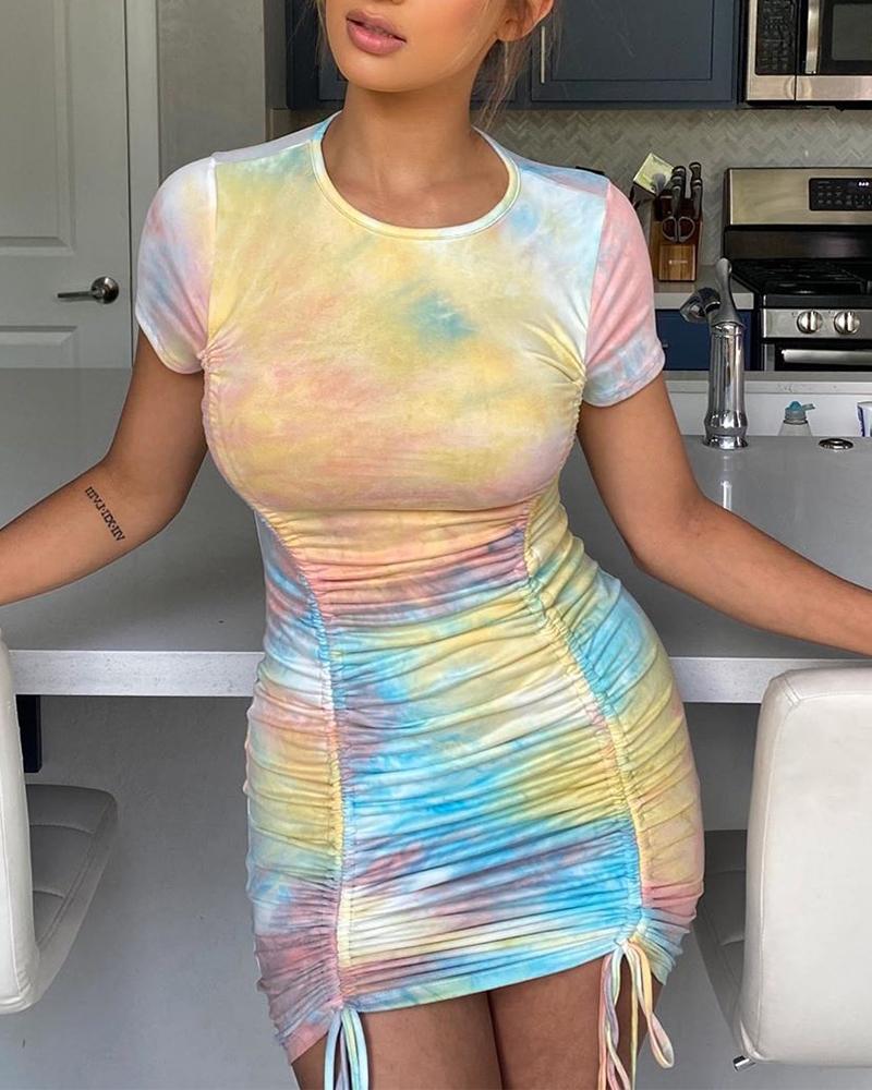 

Tie Dye Round Neck Drawstring Bodycon Dress, Multicolor