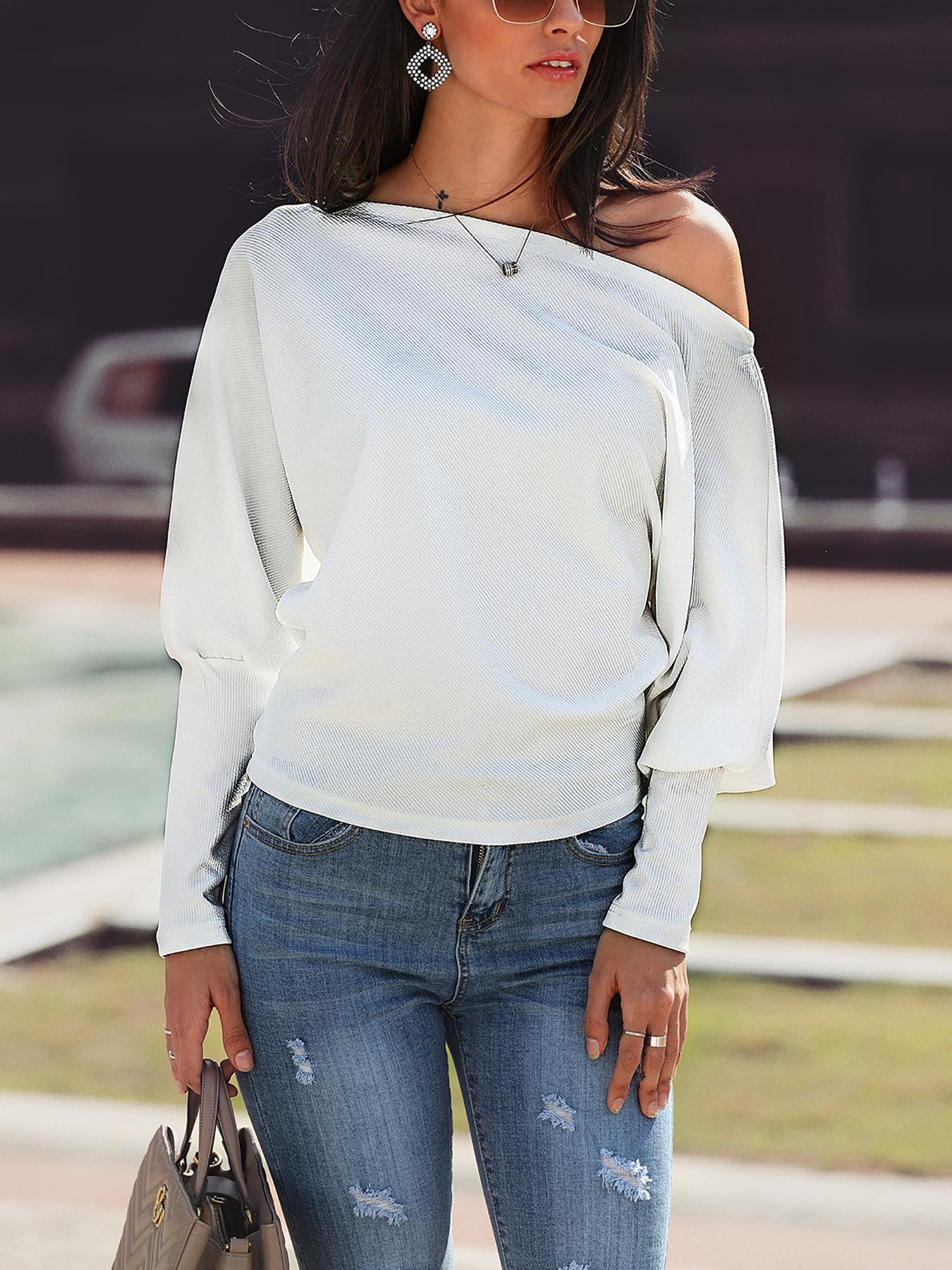 

Skew Neck Batwing Sleeve Casual Top, White