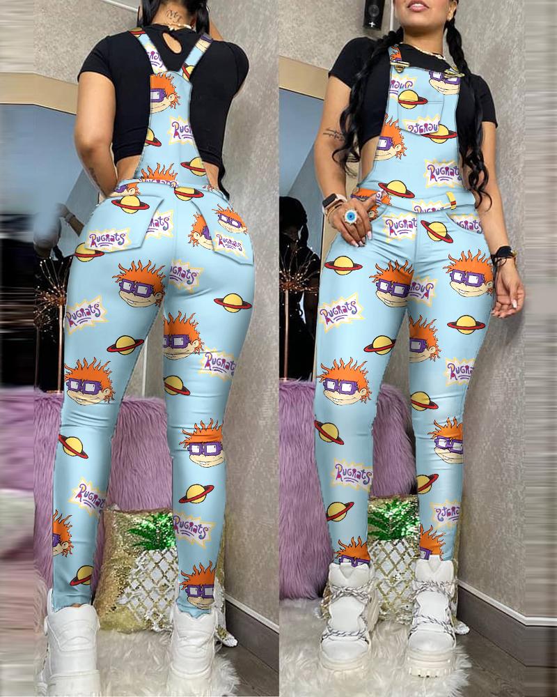 

Cartoon Letter Print Pockets Design Suspender Jumpsuit, Blue