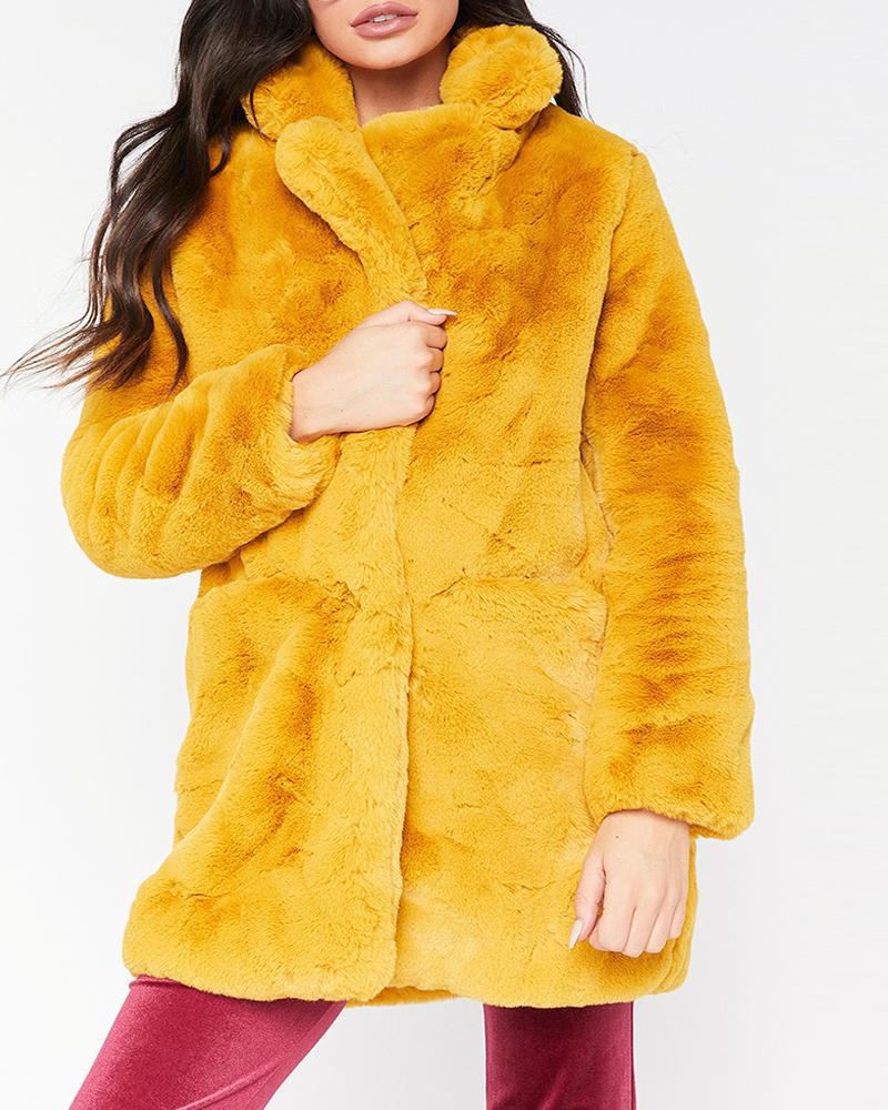 

Plain Fluffy Long Sleeve Faux Fur Coat, Yellow