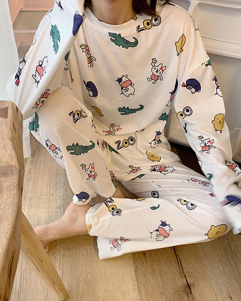 

Print Long Sleeve Pajamas Set, White