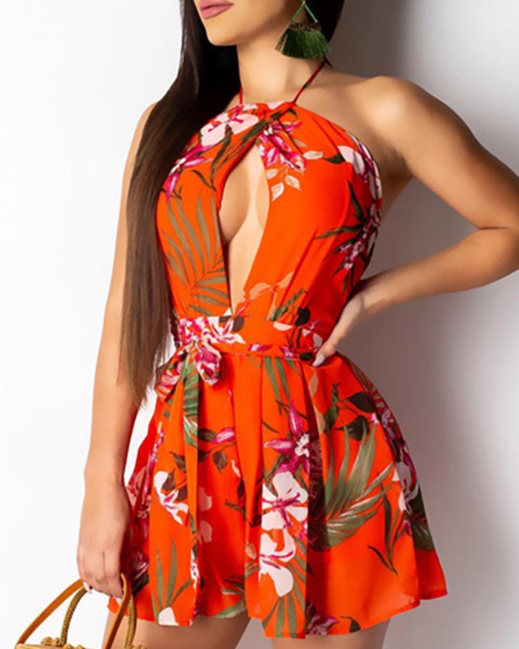 

Halter Floral Print Open Back Romper, Orange
