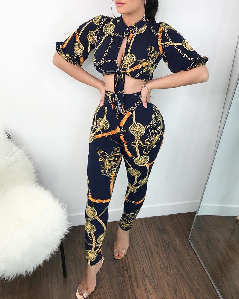 

Baroque Print Tie Front Puff Sleeve Top& Pant Set, Dark blue