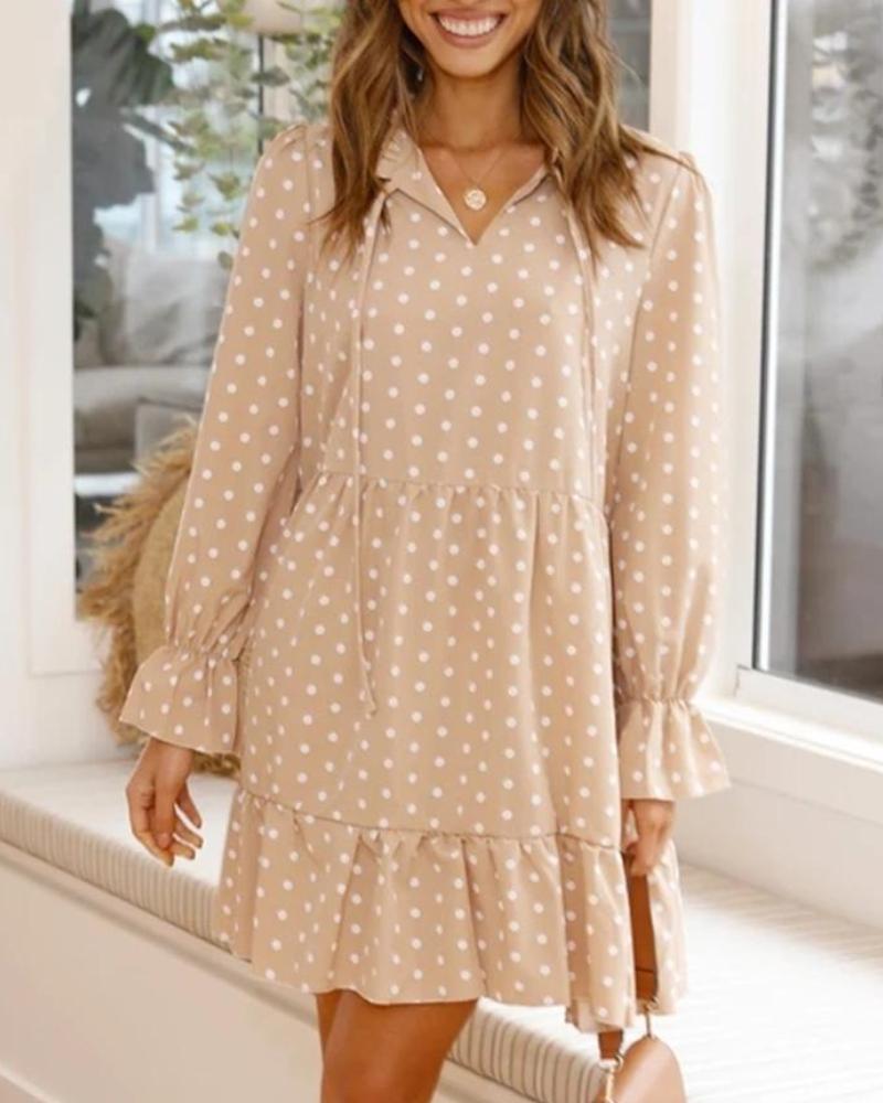 

Dot Poet Sleeve Lace-up Collar Loose Dress, Apricot