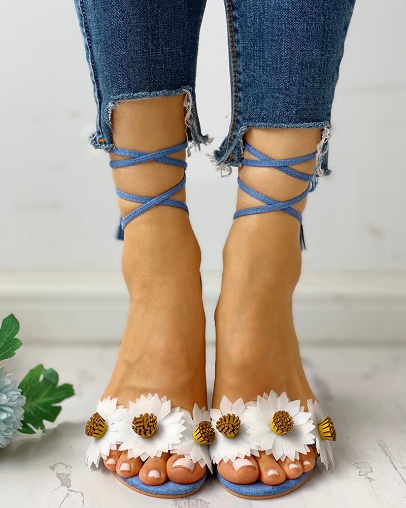 

Flower Lace-Up Chunky Heeled Sandals, Blue