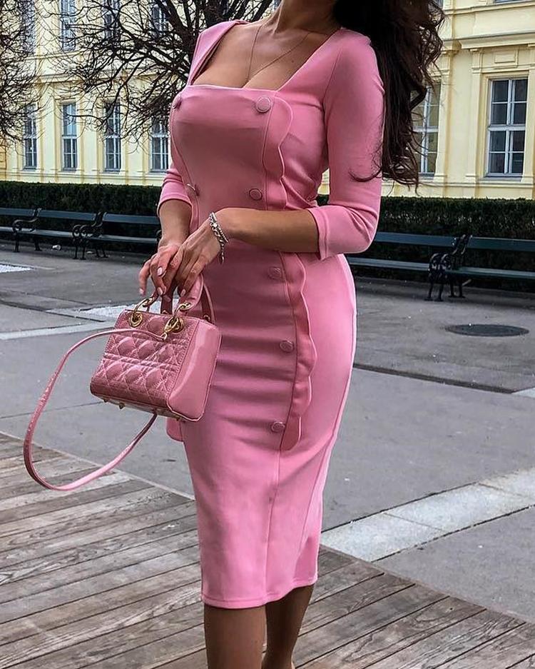 

Scalloped Trim Double Breasted Slit Dress, Pink